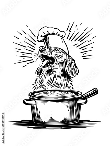 Engraved illustration of a cheerful dog wearing a chef's hat while stirring a pot of soup