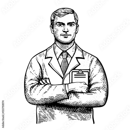 Detailed engraved illustration of a confident professional with a clipboard and a vintage aesthetic reminiscent of classic craftsmanship