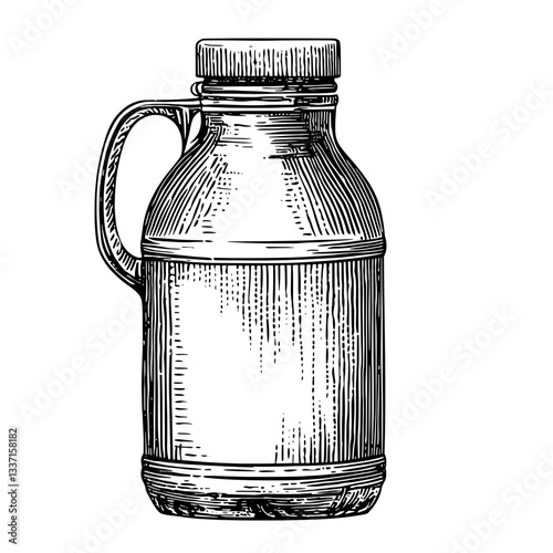 Elegant engraved illustration of a vintage milk jug, showcasing intricate hand-drawn details and a timeless design aesthetic