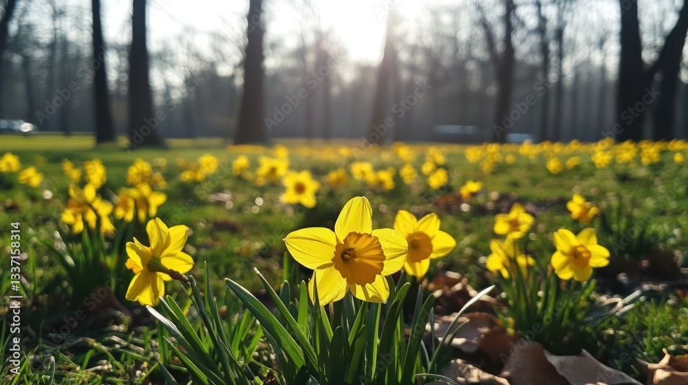 Fototapeta premium Daffodils meadow illuminated by sunlight shining through trees in park