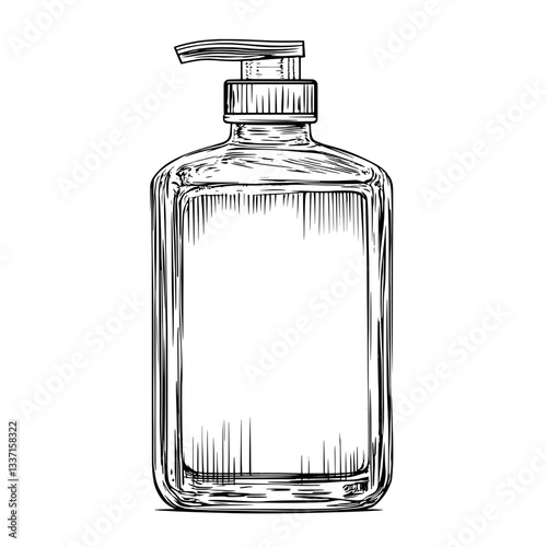 Engraved hand-drawn illustration of a vintage glass pump bottle for premium product designs