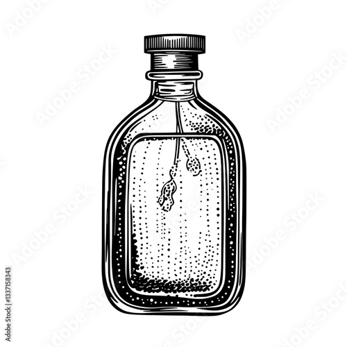 Captivating hand-drawn vintage illustration of a glass bottle with delicate botanical elements inside, exuding a charming, timeless appeal