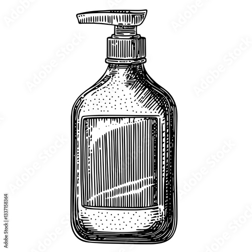 Engraved illustration of a vintage pump bottle design for premium products and tattoos