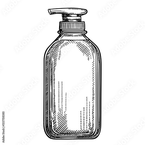 Elegant hand-drawn vintage illustration of a premium pump bottle design for skincare or personal care products