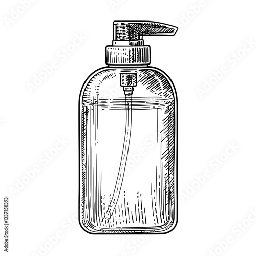 Elegant vintage engraved illustration of a stylish pump bottle design ideal for premium products and tattoo art