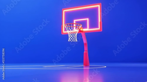 Futuristic Neon Basketball Hoop on Vibrant Blue Court Glowing Red Backboard Creates Striking Minimalist Contrast in Dynamic Sports Scene