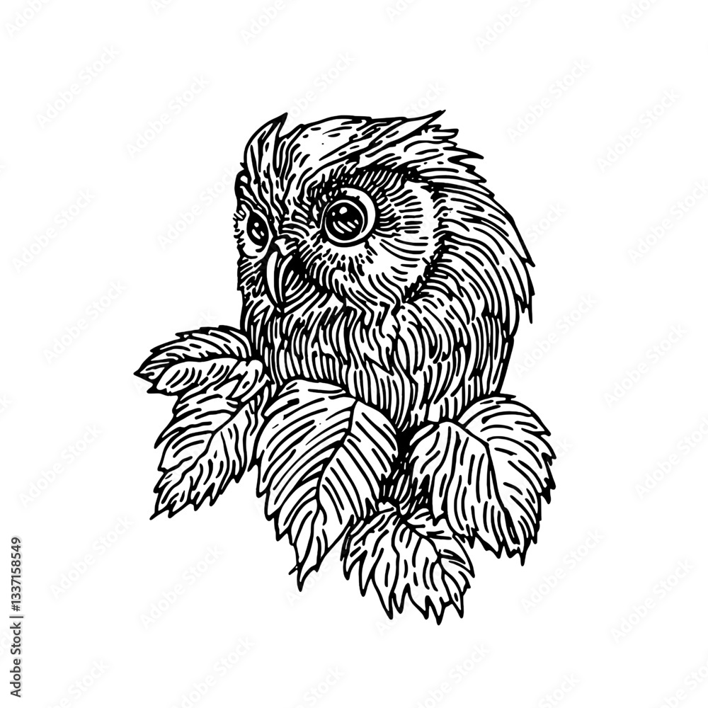 Fototapeta premium Engraved illustration of a wise owl perched among detailed leaves showcasing vintage artistic style