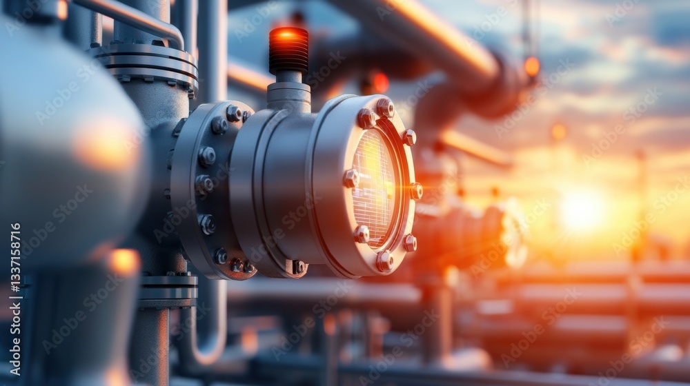 A close-up shot of industrial pipes and gauges, illuminated by a warm sunset, This image is ideal for articles about energy infrastructure, engineering, or environmental impact discussions, A close-up shot of industrial pipes and gauges, illuminated by a warm sunset, This image is ideal for articles about energy infrastructure, engineering, or environmental impact discussions,