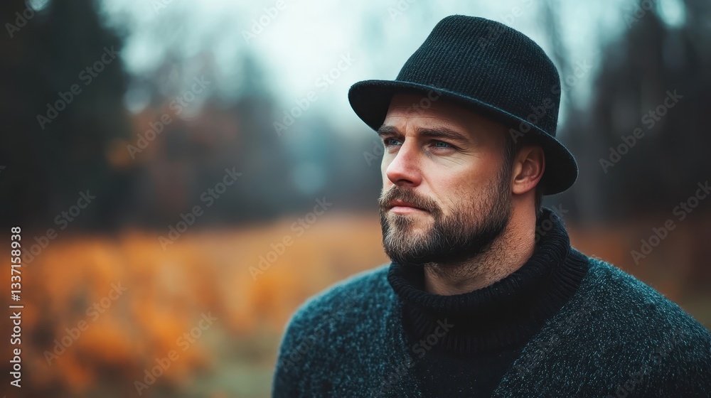 A thoughtful man in a warm sweater, gazing out into an autumn landscape filled with vibrant foliage that reflects a moment of introspection and connection to nature.