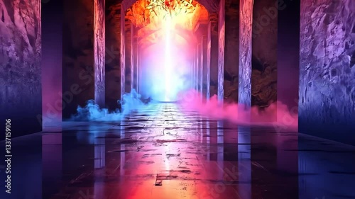 Neon-lit, arched passageway, vibrant colors, reflecting floor, mystical atmosphere