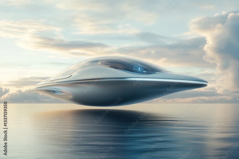 Futuristic flying vehicle hovering above tranquil water at sunset Futuristic flying vehicle hovering above tranquil water at sunset