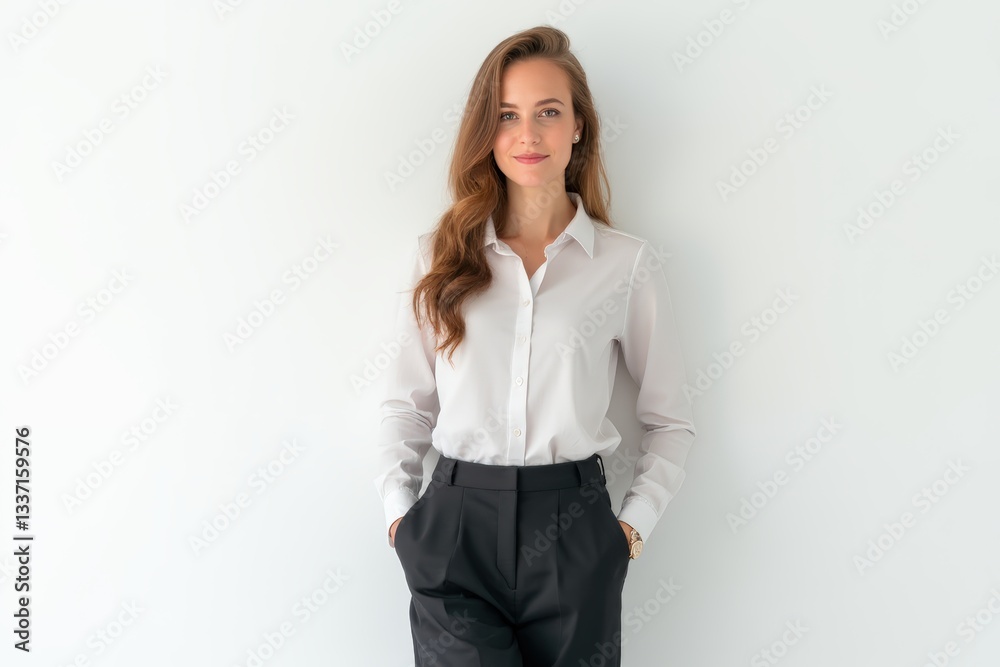 Half-Length (Waist-Up) portrait of young stylish smiling Dutch female model in formal wear isolated on pure white background looking at camera Half-Length (Waist-Up) portrait of young stylish smiling Dutch female model in formal wear isolated on pure white background looking at camera