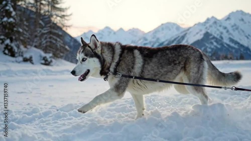 Majestic Siberian Husky with striking blue eyes runs through a snow-covered trail, pulling a sled against a breathtaking winter mountain backdrop at sunrise.
