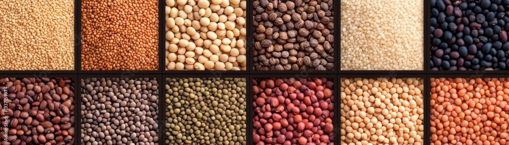 A vibrant display of assorted seeds and legumes in various colors and textures, perfect for use in culinary blogs, nutrition articles, or educational materials about plant-based diets,
