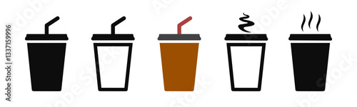 Drink plastic cup set icon, beverage soda or cola, lemonade or coffee, elegant cup with straw sign collection