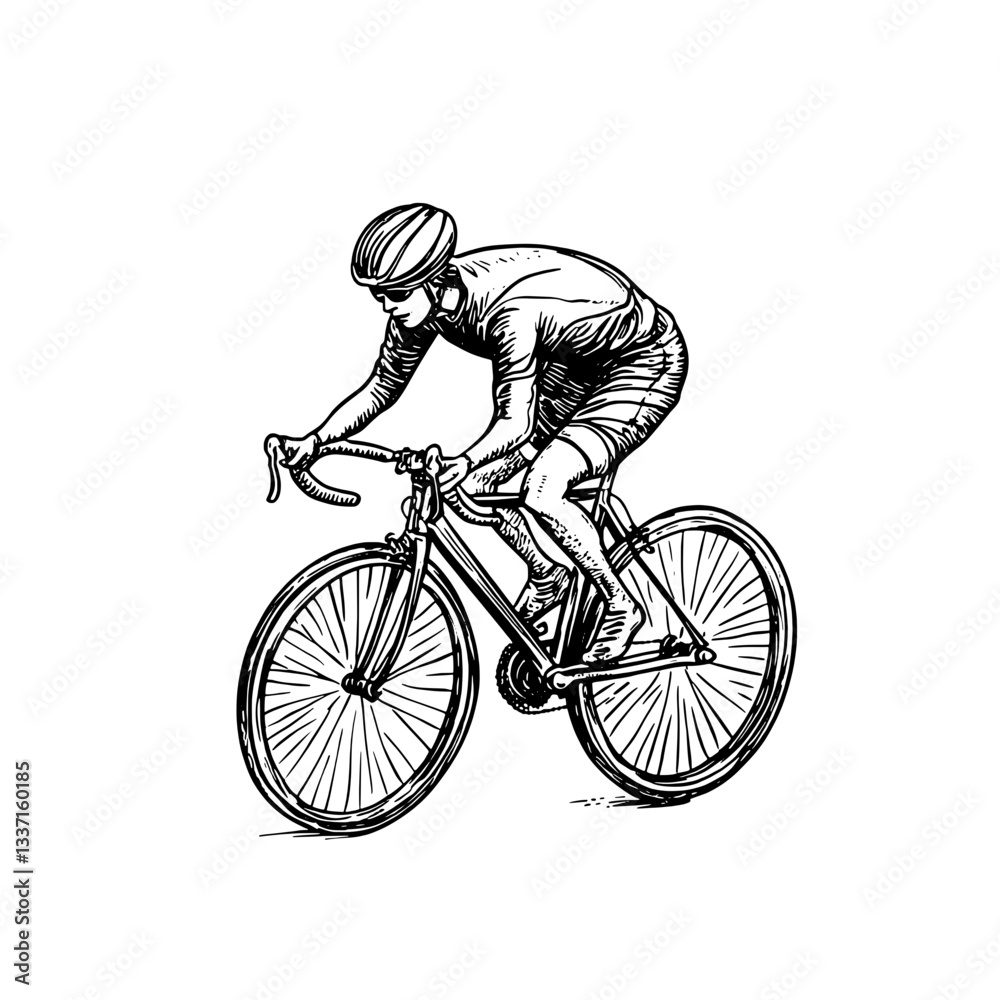 Naklejka premium Vintage engraved illustration of a cyclist in motion on a classic racing bike, showcasing dynamic energy and design