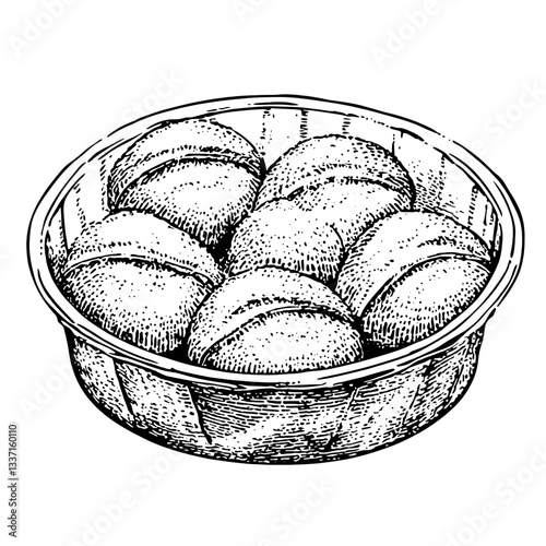 Unique hand-drawn vintage engraving of a bowl filled with six round pastries ready for indulgence