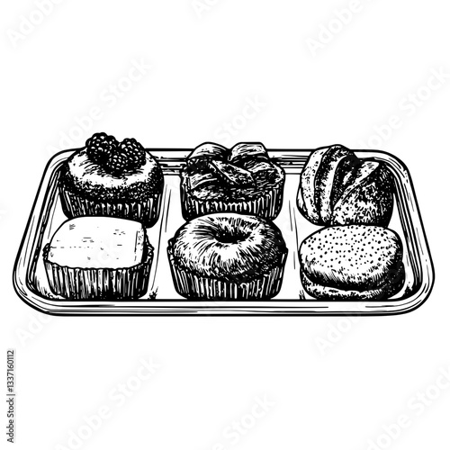 Delightful assortment of finely detailed vintage pastry illustrations showcasing a variety of delectable treats on a tray
