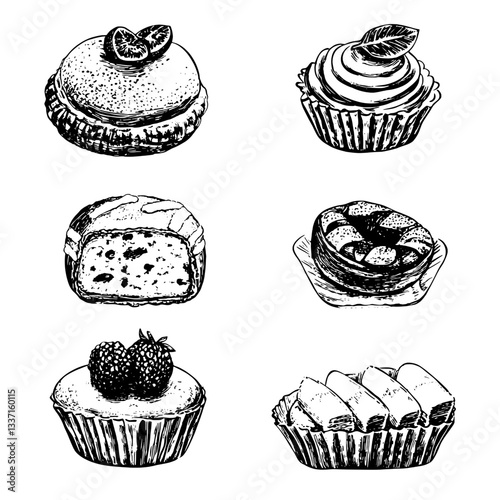 Vintage engraved illustration of delectable pastries showcasing unique designs in classic black and white
