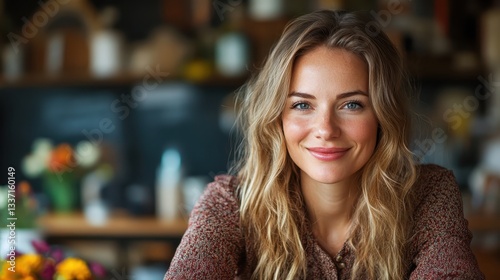 Wallpaper Mural A radiant young woman beams at the camera, surrounded by a colorful floral arrangement in a chic cafe setting, capturing a moment of pure joy and positivity. Torontodigital.ca