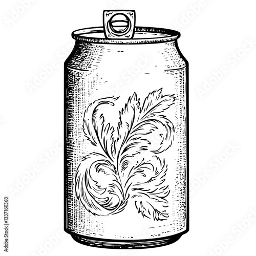 Engraved vintage can design featuring intricate decorative elements and a unique hand-drawn pattern