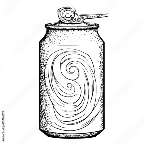 Unique hand-drawn engraving of a vintage soda can showcasing intricate design elements and artistic finesse