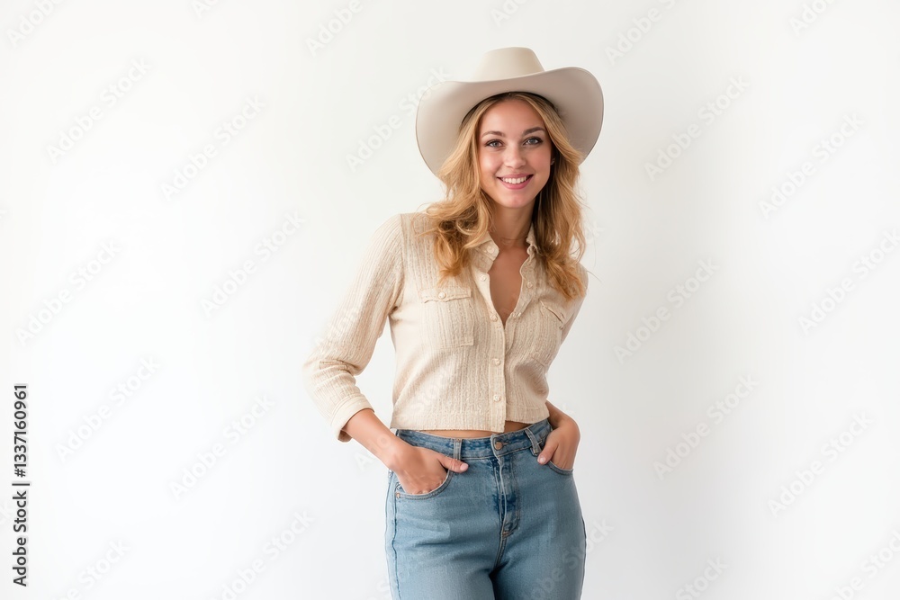 Half-Length (Waist-Up) portrait of young stylish smiling Dutch female model in western wear isolated on pure white background looking at camera Half-Length (Waist-Up) portrait of young stylish smiling Dutch female model in western wear isolated on pure white background looking at camera