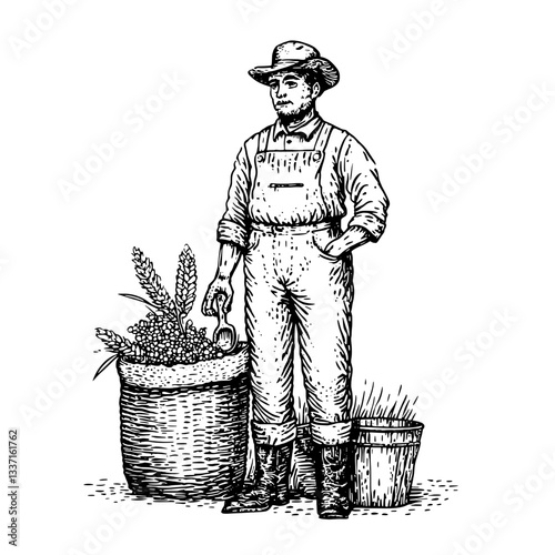 Engraved vintage illustration of a farmer with harvested wheat standing beside a basket