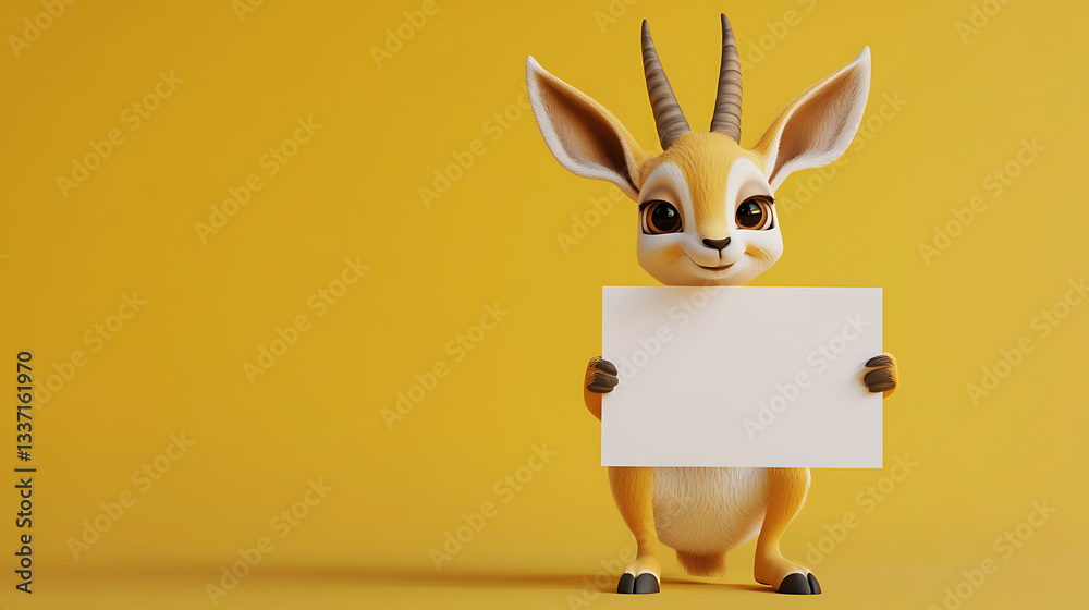 Obraz premium Cute cartoon animal holding a blank sign against a vibrant yellow background, inviting creativity
