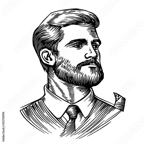 Engraved illustration of a vintage gentleman with a beard in a suit and tie showcasing exquisite hand-drawn tattoo design