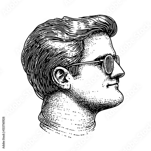 Stylish vintage engraving of a man with sunglasses and a turtleneck showcasing unique tattoo design elements
