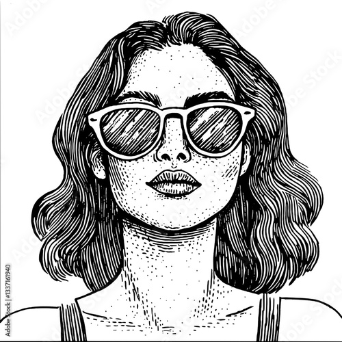 Stylish woman with sunglasses captured in intricate hand-drawn vintage engraving showcasing bold lines and unique details