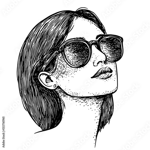 Elegant vintage engraving of a woman wearing stylish sunglasses, exuding confidence and sophistication in a timeless design