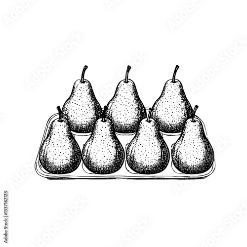 Engraved illustration of a vintage design featuring seven hand-drawn pears on a tray