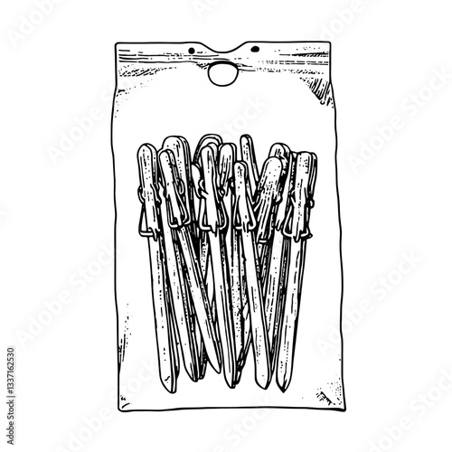 Unique hand-drawn illustration of vintage wooden clothespins in a bag, perfect for creative tattoo design inspiration