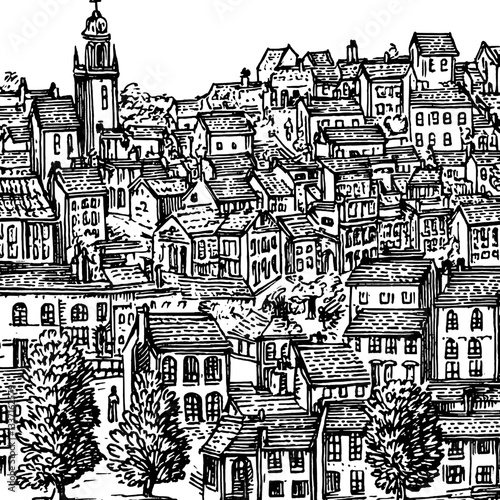 Engraved illustration of a vintage townscape featuring intricate buildings and nostalgic architecture