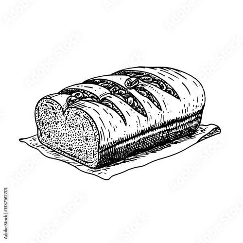Engraved illustration of a vintage bread loaf with intricate detailing showcasing artful craftsmanship