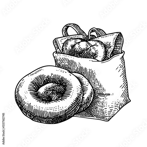Delightful hand-drawn illustration of vintage bag filled with fresh baked goods and assorted bagels