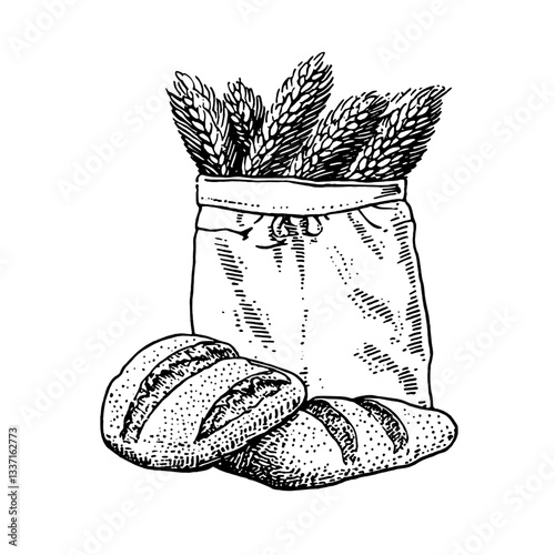 Freshly baked bread nestled beside a burlap sack overflowing with golden wheat sheaves