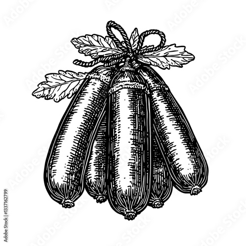 Intricate hand-drawn engraving of vintage zucchini with leaves tied in a bundle