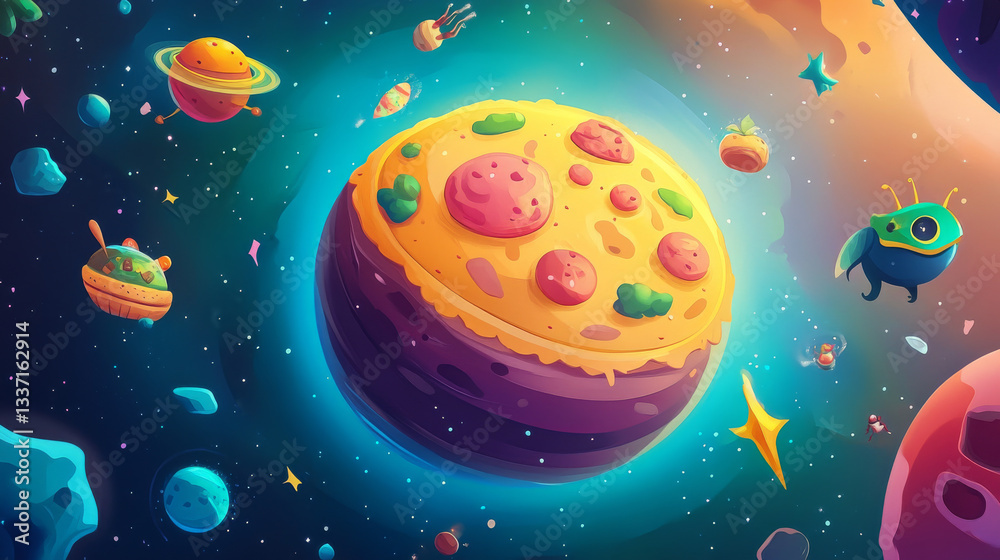 Food planets mobile arcade game website with sphere with pizza pattern. Vector landing page of online game with cartoon illustration of outer space with funny alien pizza planet Food planets mobile arcade game website with sphere with pizza pattern. Vector landing page of online game with cartoon illustration of outer space with funny alien pizza planet