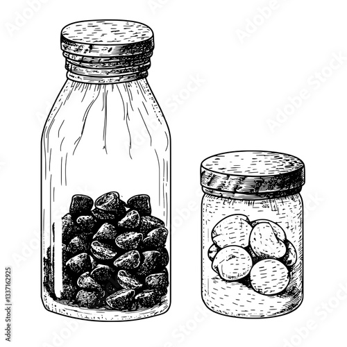 Engraved illustration of vintage glass jars filled with assorted stones captured in a hand-drawn style