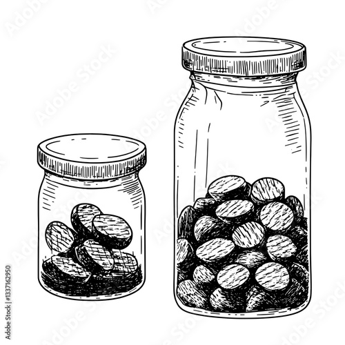 Engraved illustration of vintage jars filled with hand-drawn round tablets, capturing a nostalgic essence and design elegance