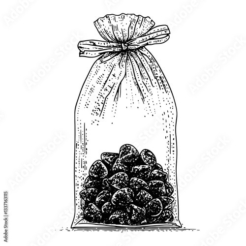 Intricate vintage illustration of a bag filled with hand-drawn candy stones showcases artisanal design