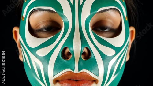 Intricate Green and White Mask with Vibrant Patterns Mysterious and Artistic Face Covering with Striking Design, Focusing on Eyes and Creating Unique Visual Effect Against Dark Background