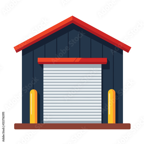 Shed illustration with retractable door and dark color scheme on a white background