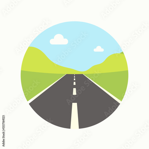 Open road landscape illustration with hills and clouds with copy space