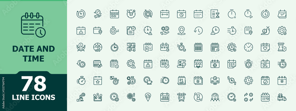 Date And Time related icon set. Containing day, alarm, date, hourglass, time, calendar, countdown and more. Minimalist icons collection. Clock modern icon set. Editable stroke. Vector illustration.
