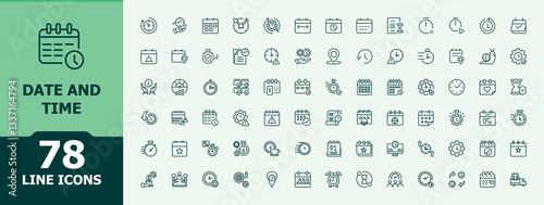 Date And Time related icon set. Containing day, alarm, date, hourglass, time, calendar, countdown and more. Minimalist icons collection. Clock modern icon set. Editable stroke. Vector illustration.