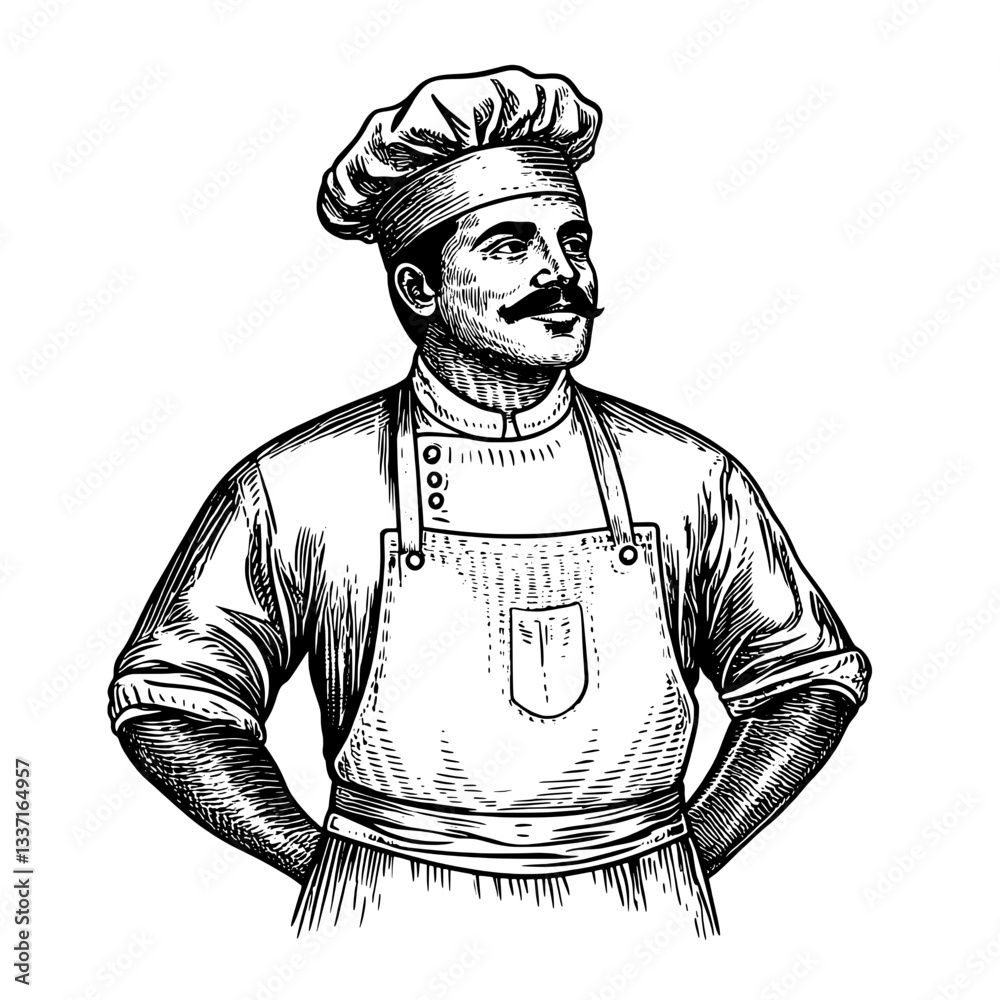 Obraz premium Vintage engraved illustration of a confident chef in traditional attire showcasing craftsmanship and culinary expertise